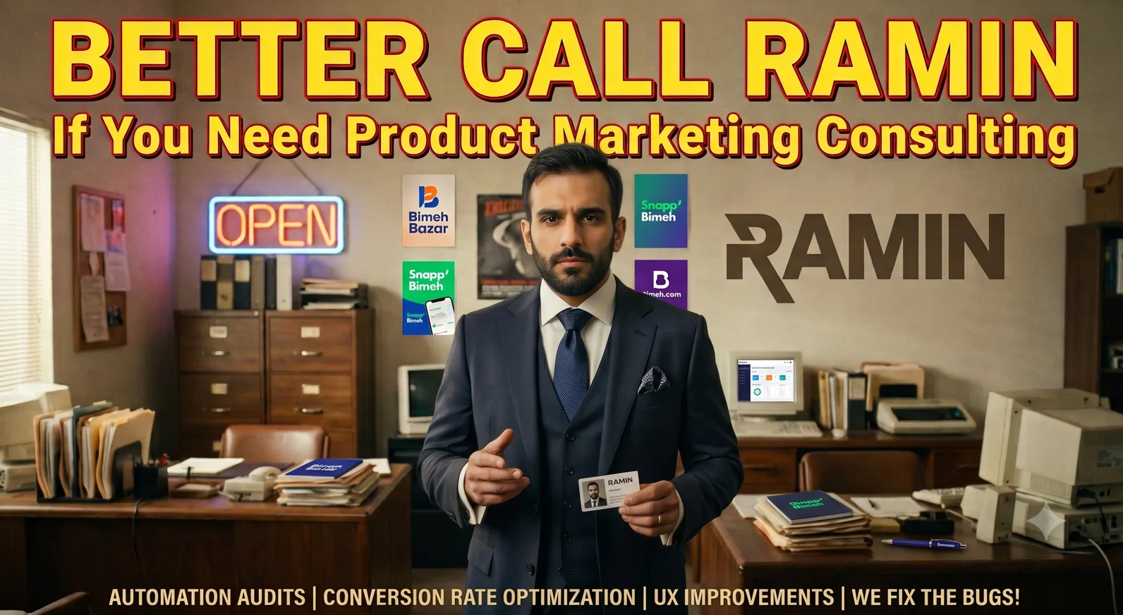 طرح گرافیکی با مضمون Better Call Ramin برای مشاوره مدیریت محصول و مارکتینگ